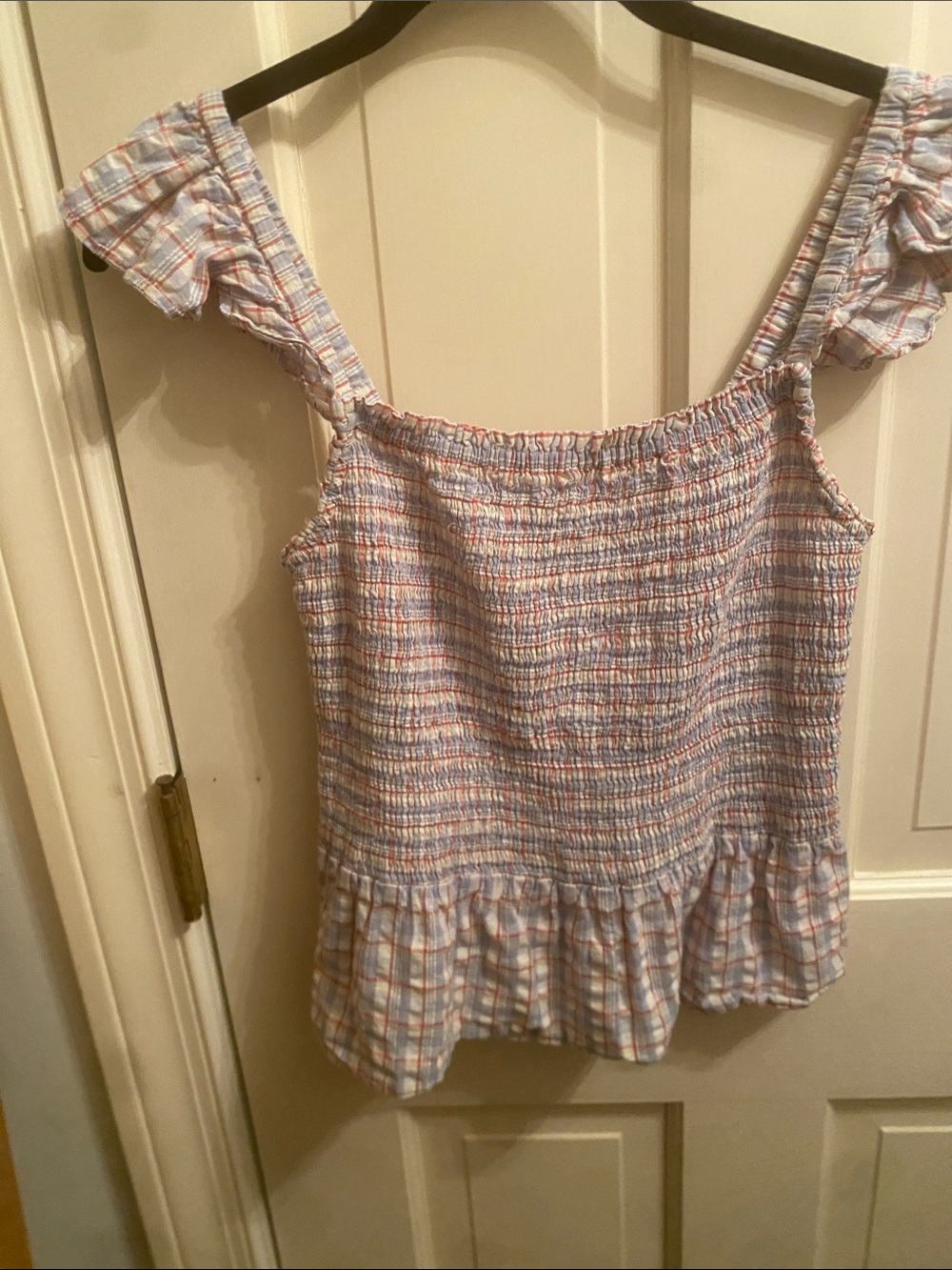 Madewell seersucker lucie smocked peplum top in rainbow plaid
